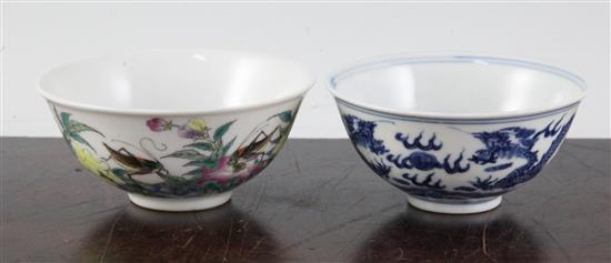 A Chinese blue and white dragon bowl and a Chinese famille rose crickets and flowers bowl, 9.2cm and 9.7cm